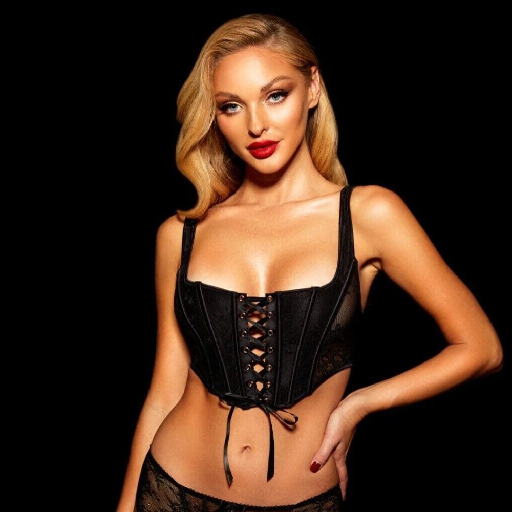NWT Honey Birdette Rebecca Black Full 3 piece Set Corset L, Waspie M, Thong M